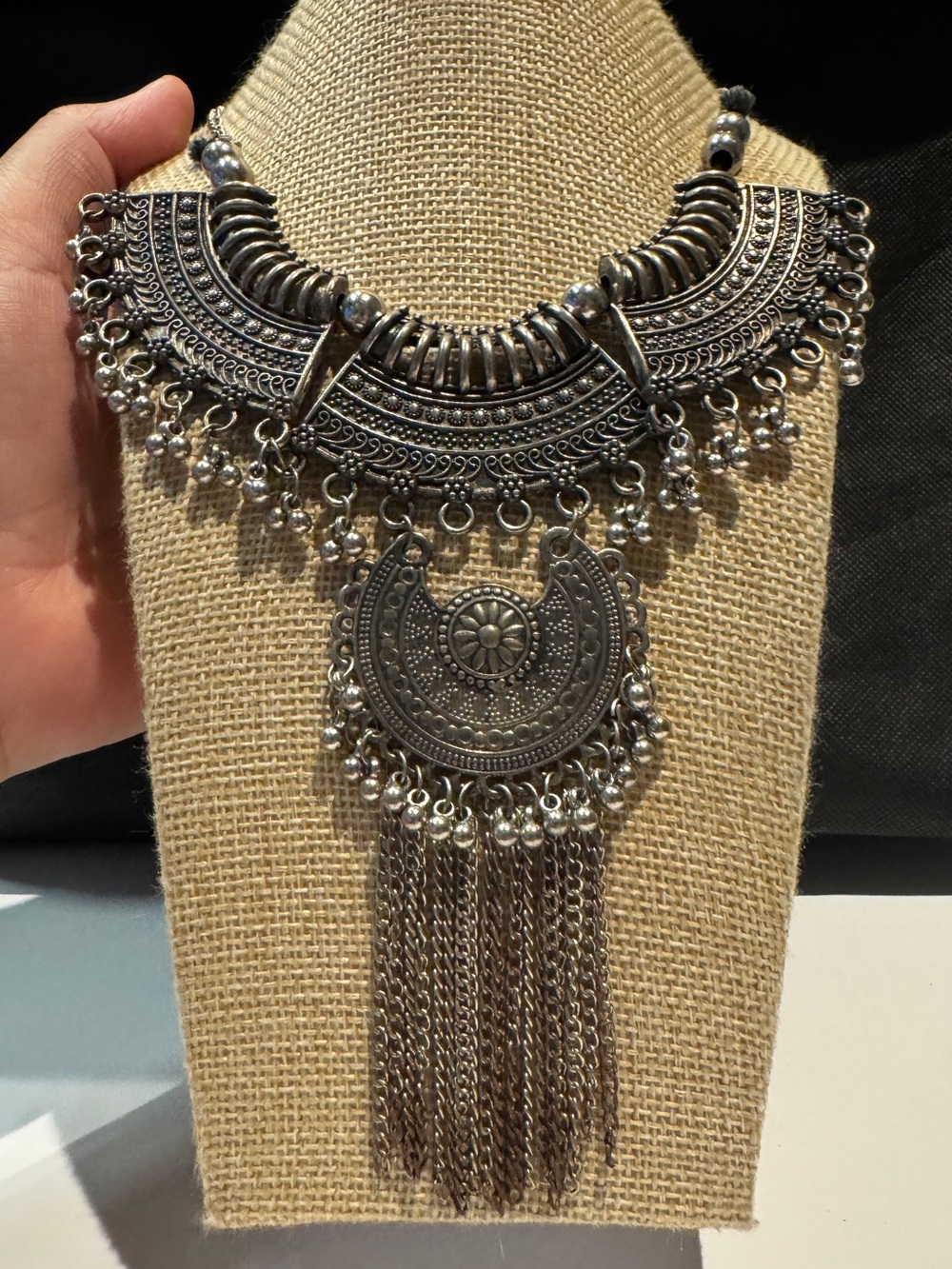 Boho Silver Statement Necklace - Tribal Fringe Collar